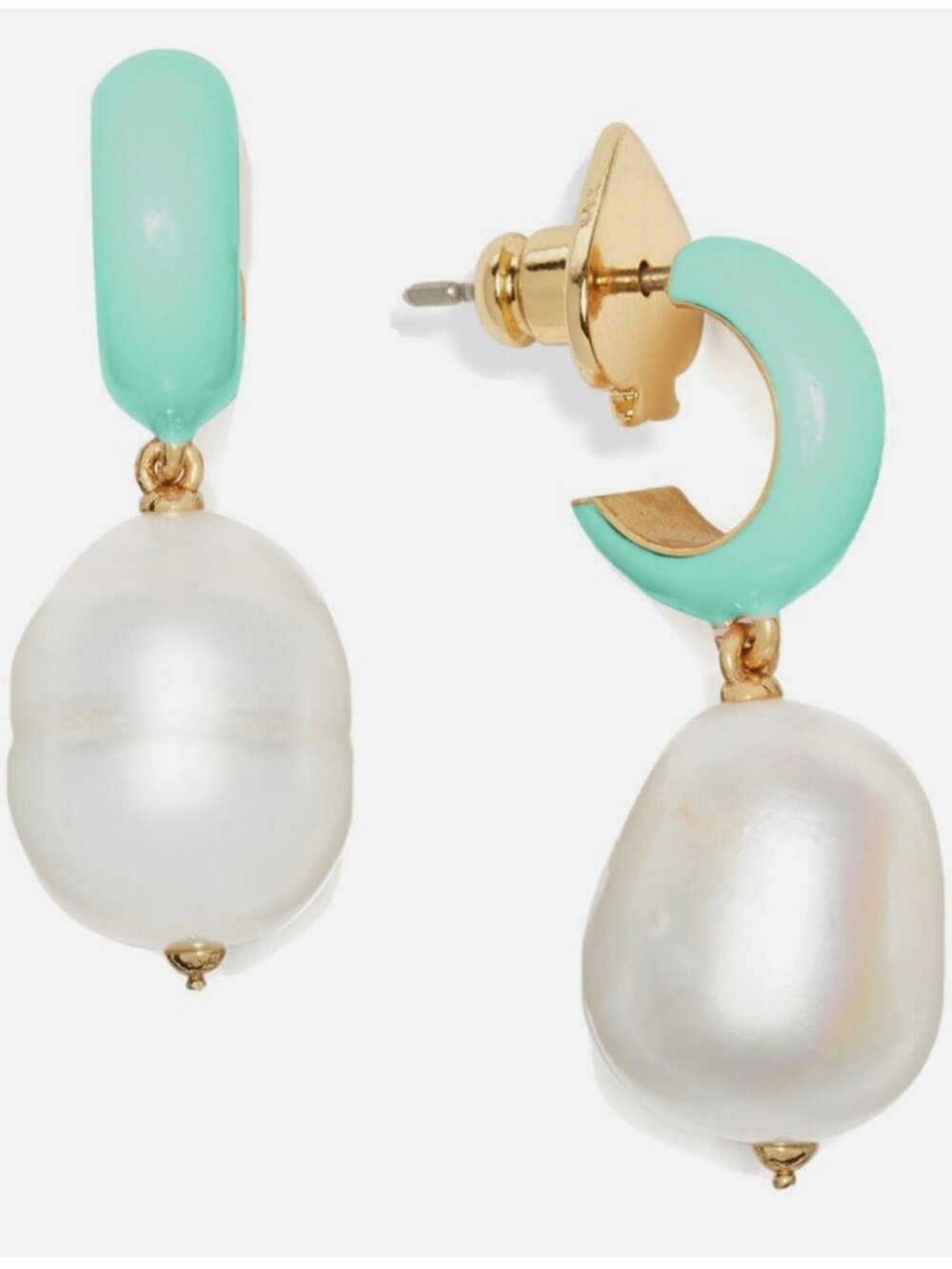 Kate Spade Teal Enamel Huggie Hoop Earrings with Freshwater Pearl Drop Gold Tone